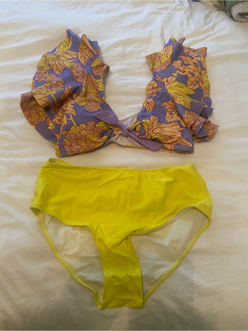 Flaxmaker Floral Ruffle Bikini Set in Purple and Yellow- Large